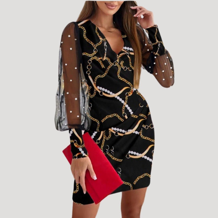 Women's V-neck mini wrap dress in black with sheer long sleeves, versatile for both formal and casual summer occasions.
