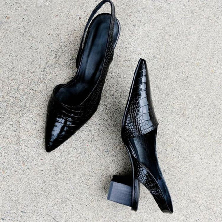 Stylish women's pointed-toe pumps with supportive block heels, a versatile choice for modern fashion shoes.