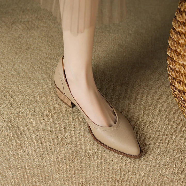 Elegant women's black pointed toe mid-heeled pumps with comfortable block heel, versatile fashion.