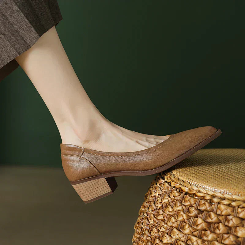Fashionable women's pointed-toe pumps with comfortable mid-height block heel, CL-1031 style.