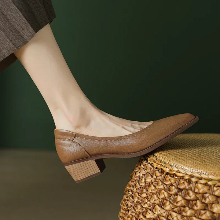 Fashionable women's pointed-toe pumps with comfortable mid-height block heel, CL-1031 style.