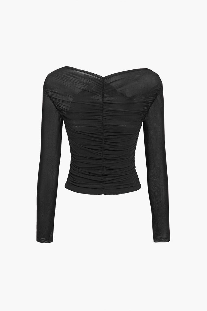Women's apparel: a sophisticated ruched mesh long sleeve top, a summer fashion essential.