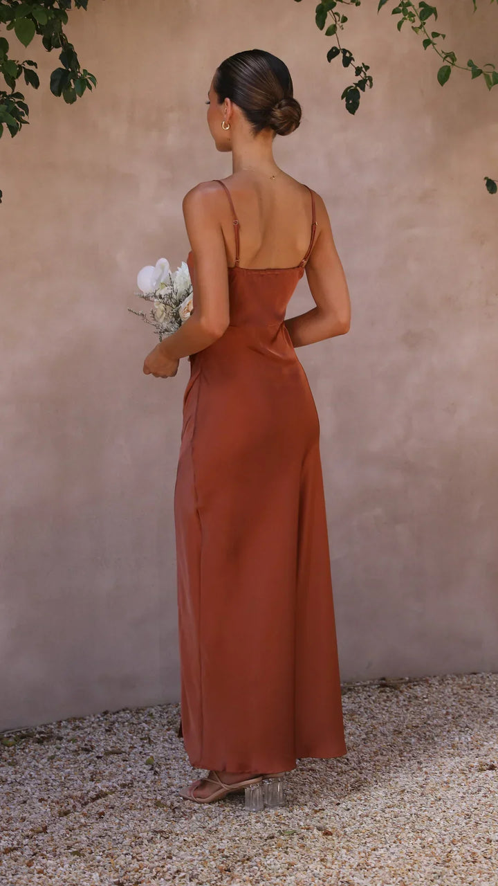 Flowy pink satin slip maxi dress for women, ideal for summer casual or semi-formal wear