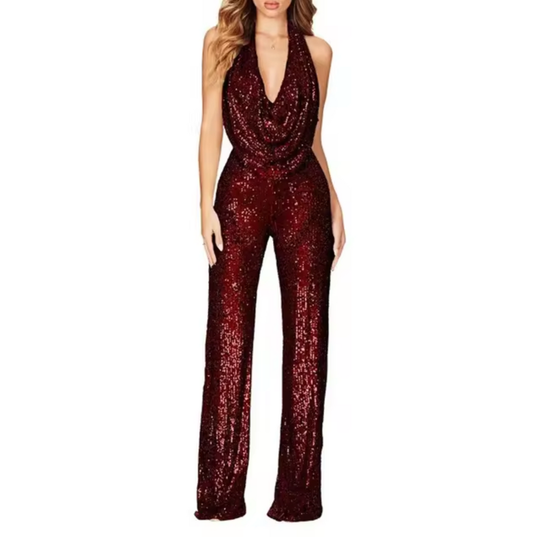 Elegant women's black sequin halter neck jumpsuit, perfect for evening parties & special occasions