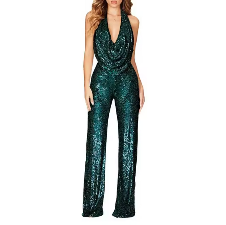 Back view of a women's sequin halter jumpsuit, highlighting the elegant neckline and shimmering fabric