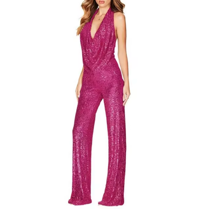 Sophisticated women's blue sequin halter neck jumpsuit, an eye-catching choice for evening party wear