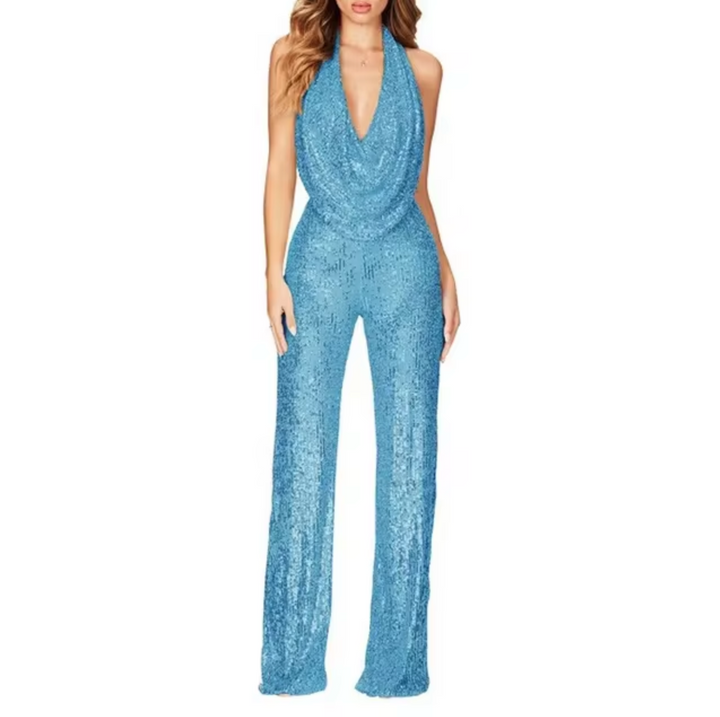 Sparkling sequin halter jumpsuit for women, ideal formal wear or glamorous party outfit