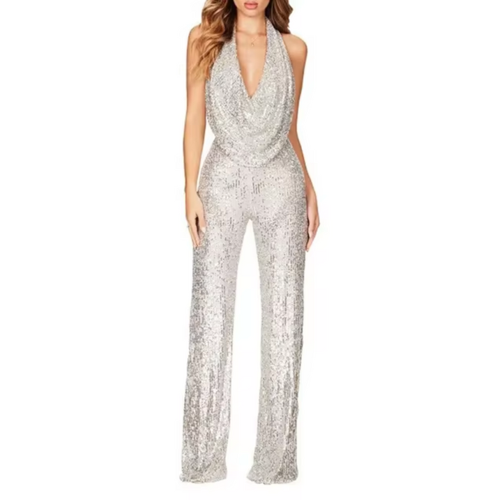 Women's shimmering silver sequin halter jumpsuit, designed for evening events & special occasions