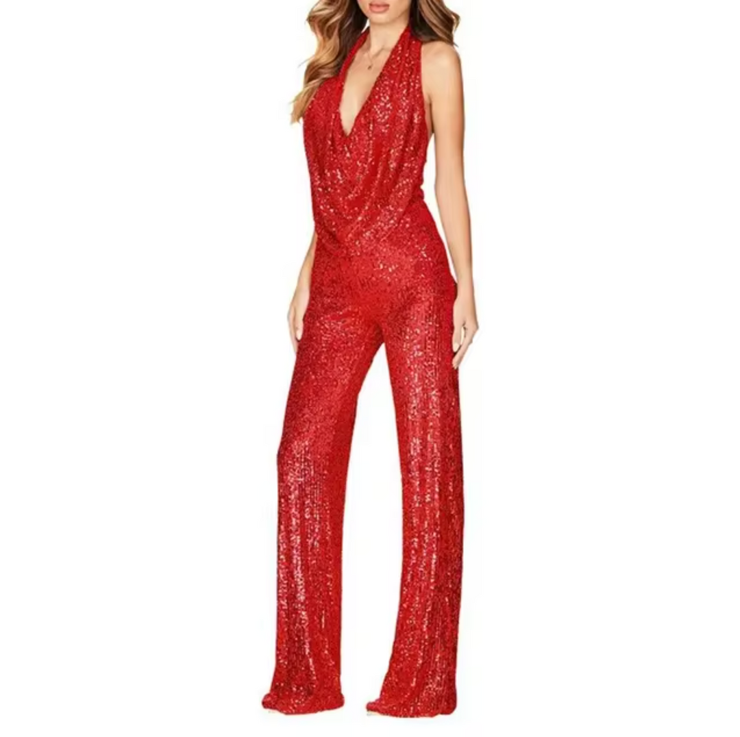 Stylish women's sequin jumpsuit in a deep red, featuring a flattering halter neck for party glamour