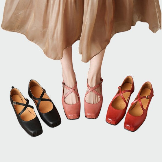 Elegant women's black square-toe Mary Jane shoes with cross-straps and block heel