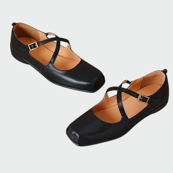 Dressy women's square-toe Mary Janes with secure cross-straps, perfect for elegant outfits