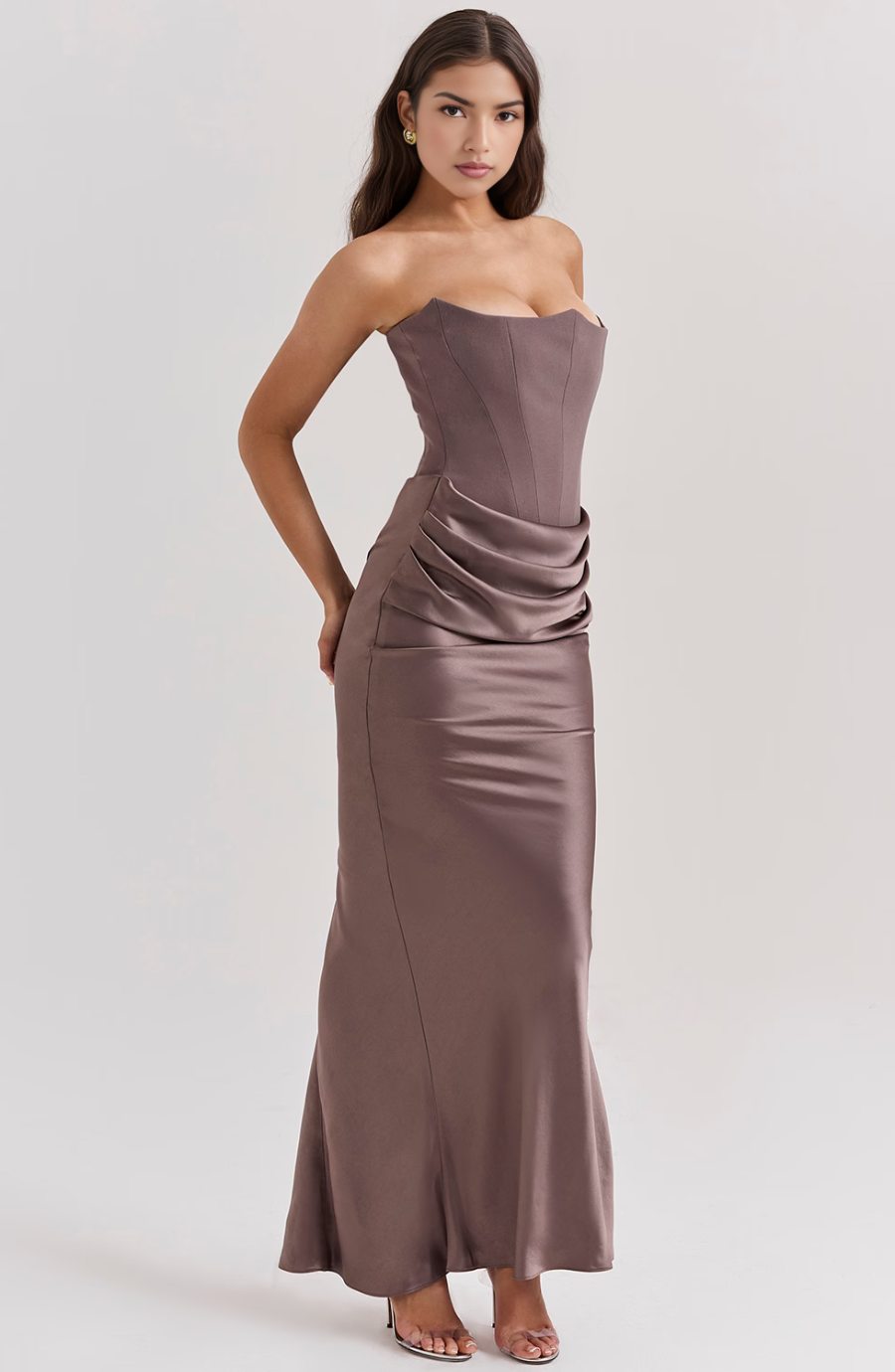 Classic white strapless corset bodycon maxi dress, a timeless piece for women's formal occasions.