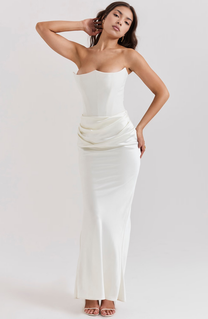 Elegant women's white strapless bodycon maxi dress, a refined choice for formal wear and events.
