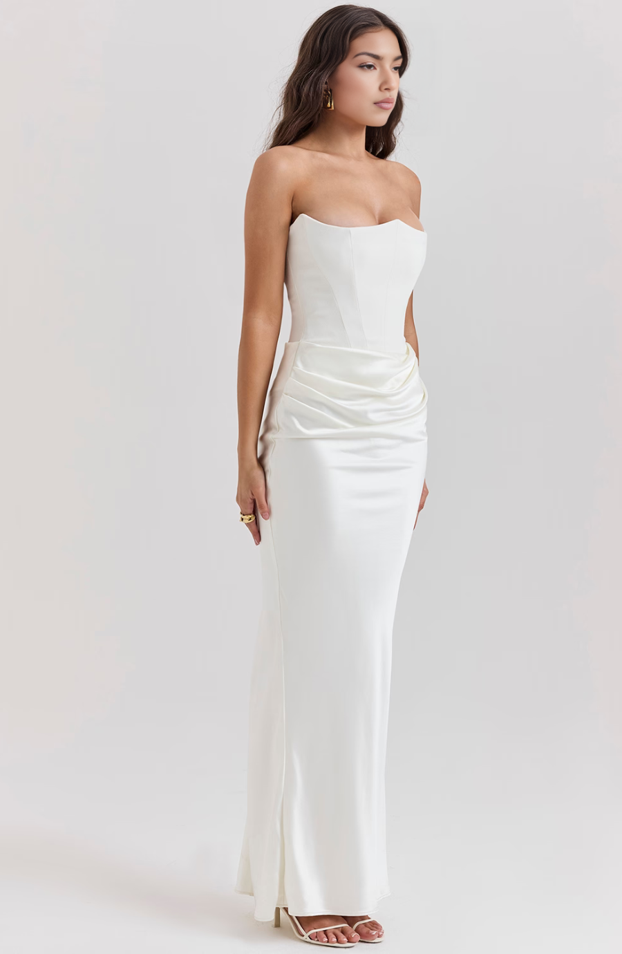 Brown strapless corset bodycon maxi dress, a fashionable option for women's evening attire.