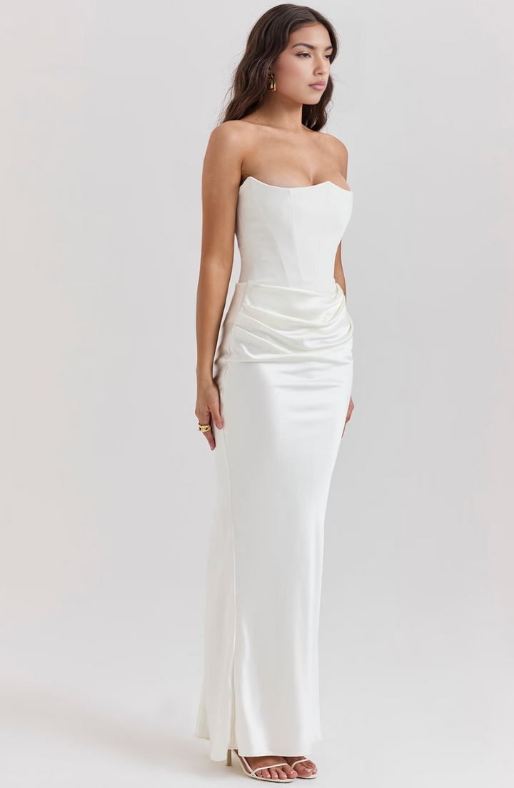 Brown strapless corset bodycon maxi dress, a fashionable option for women's evening attire.