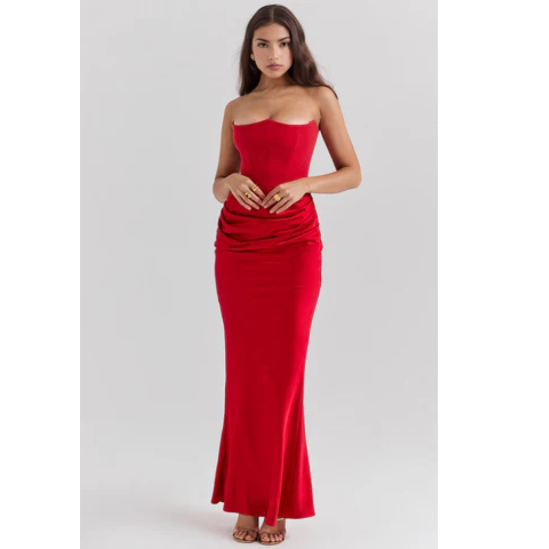 Women's strapless corset bodycon maxi dress in various colors: black, red, white, brown.