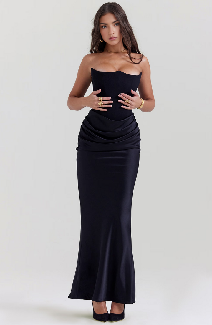 White strapless corset bodycon maxi dress, a sophisticated choice for women's evening wear.