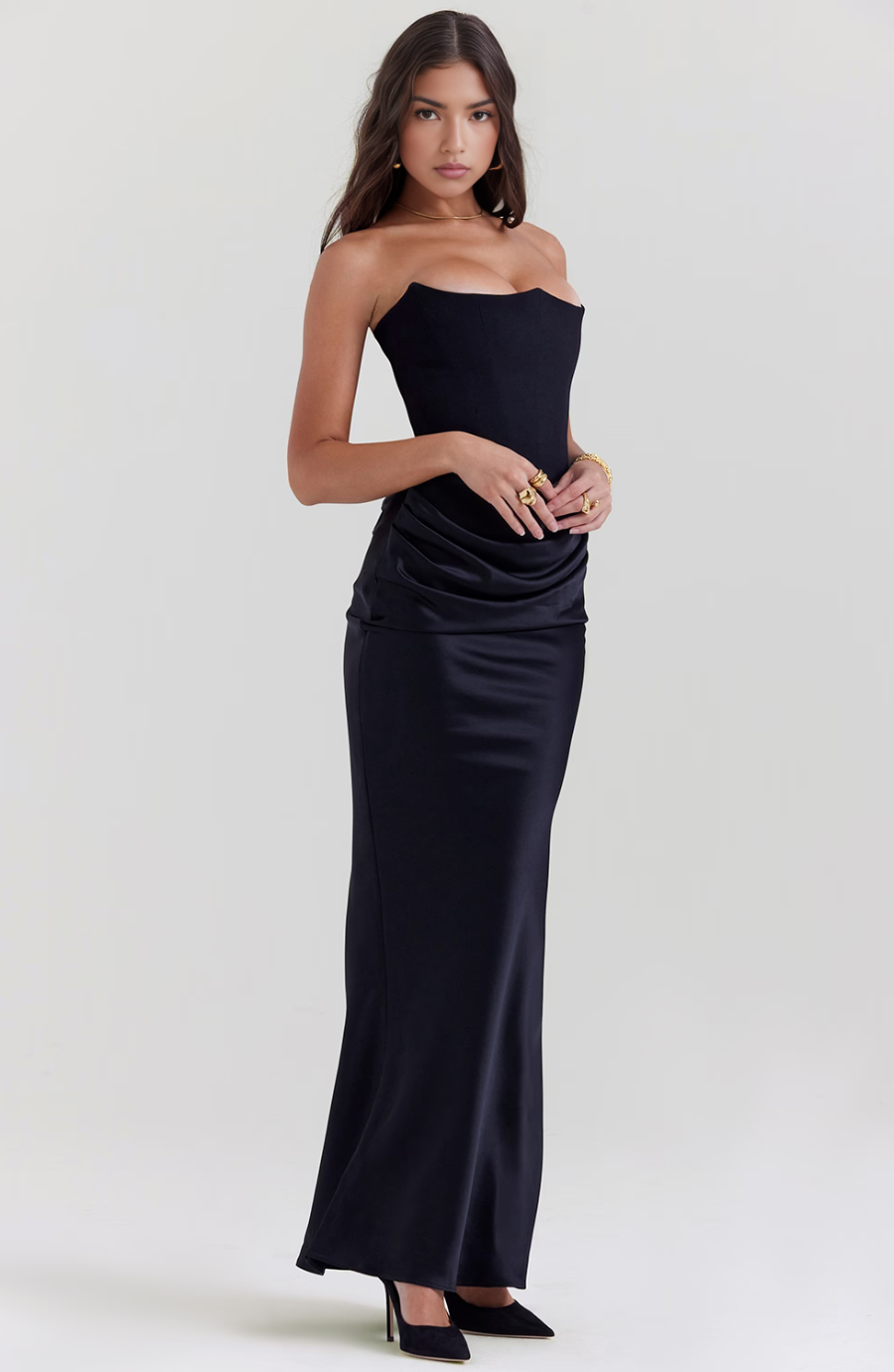 Stylish strapless black maxi dress featuring a corset design for a bodycon fit, women's fashion.