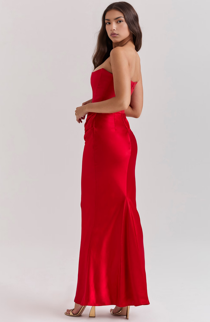 Chic white strapless bodycon maxi dress with corset, essential women's formal evening wear.