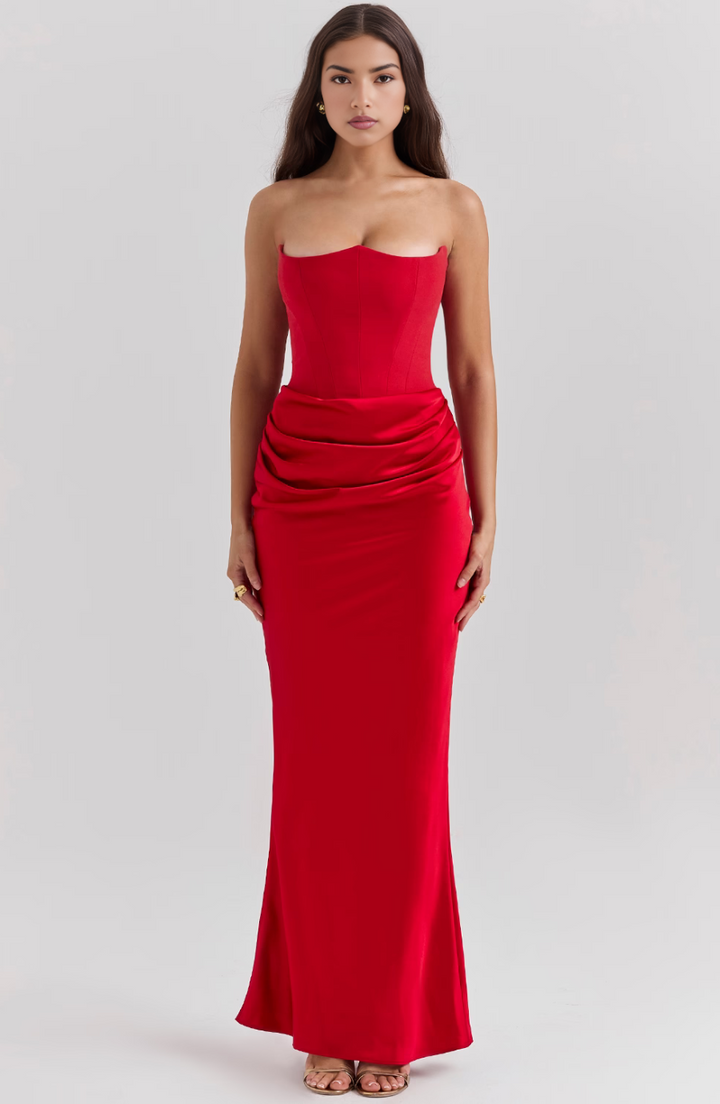 Sophisticated brown strapless corset bodycon maxi dress for women, elegant evening attire.