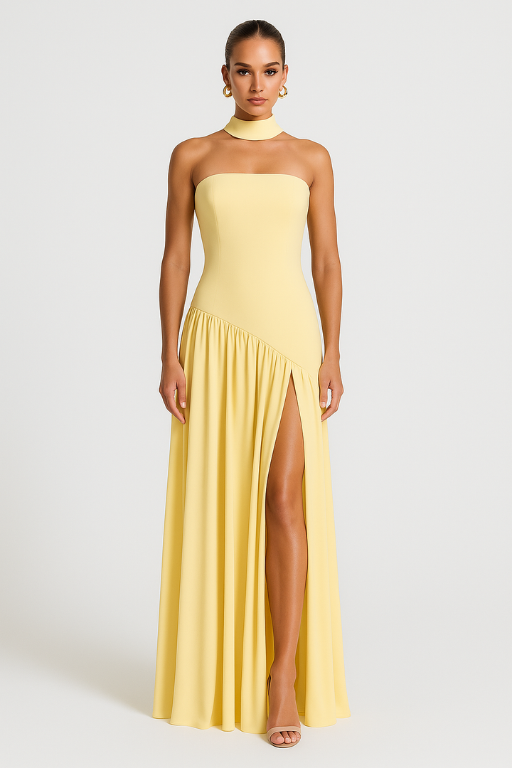 Elegant women's black strapless maxi dress with a thigh-high slit, perfect for formal evenings & summer events.