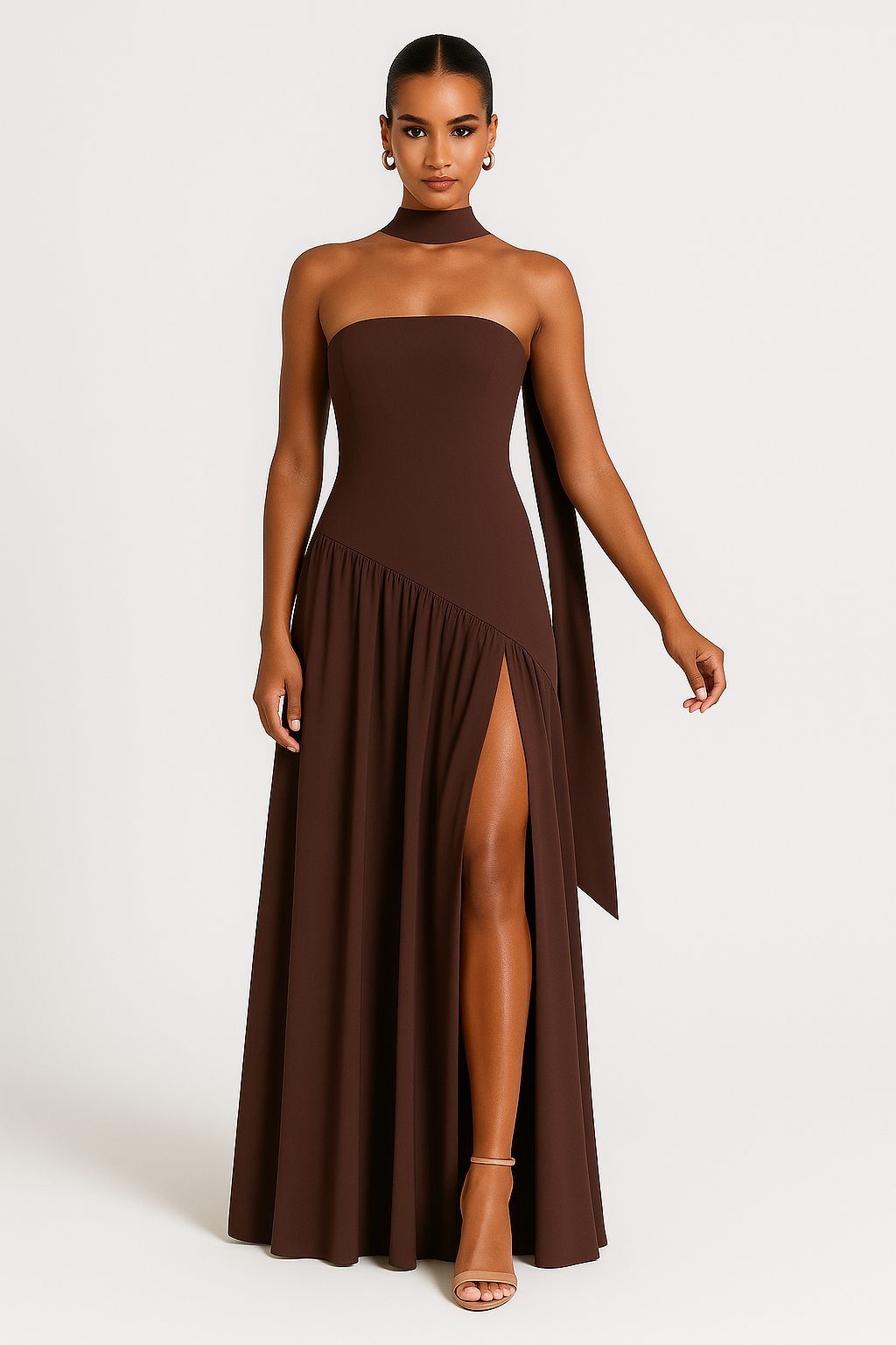 Stylish women's strapless maxi dress with a flattering slit, ideal for evening wear, adding an elegant touch.