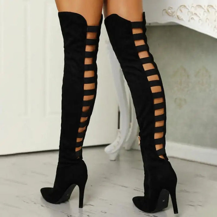 Elegant women's black thigh-high open-toe boots with high heel, perfect for autumn fashion.