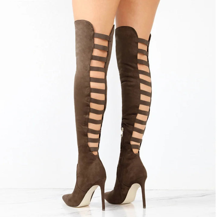 Versatile women's fashion boots: black thigh-high open-toe with stiletto heel, ideal for statement shoes.