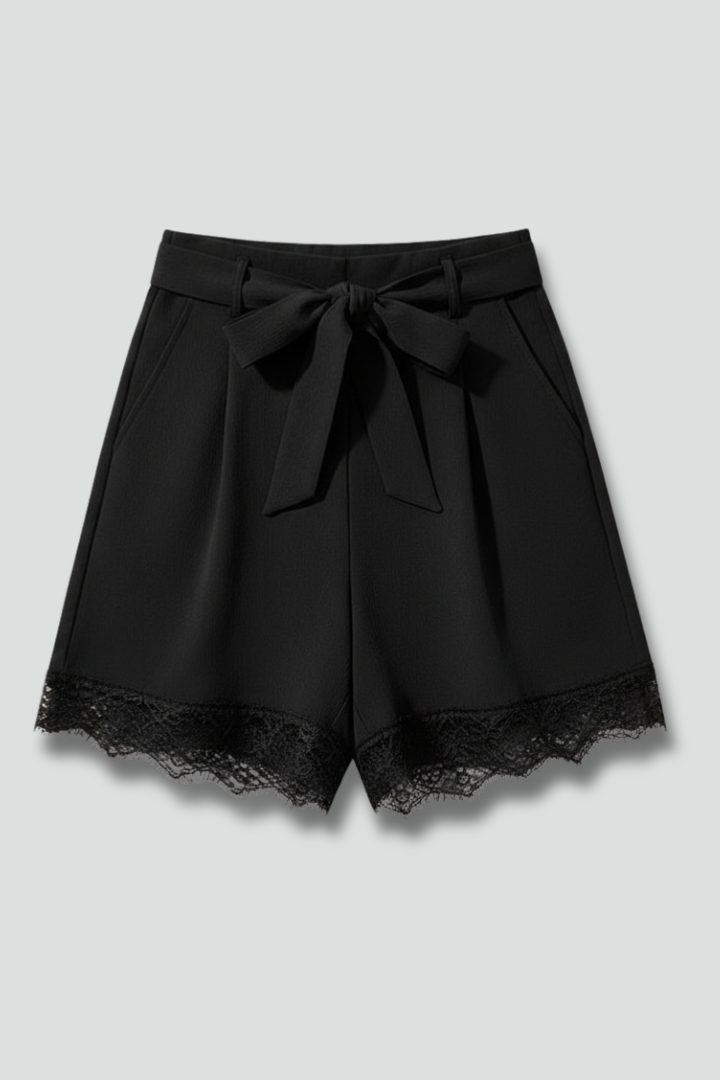 Elegant women's black tie-waist summer shorts, perfect for casual wear. Tailored, comfortable fit.