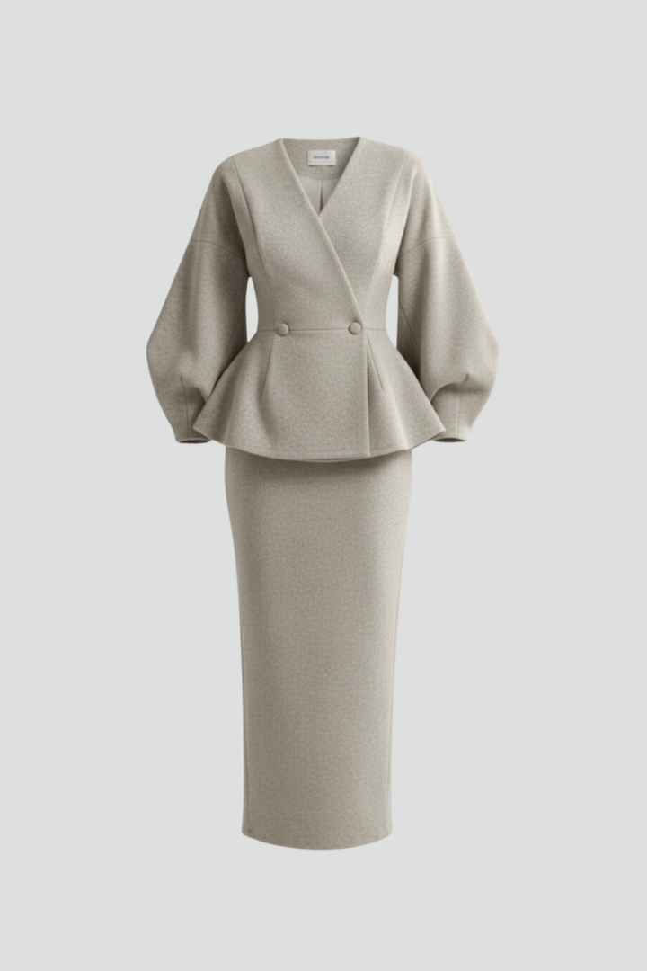 Elegant women's black V-neck blazer and matching tailored skirt set, perfect for business attire.