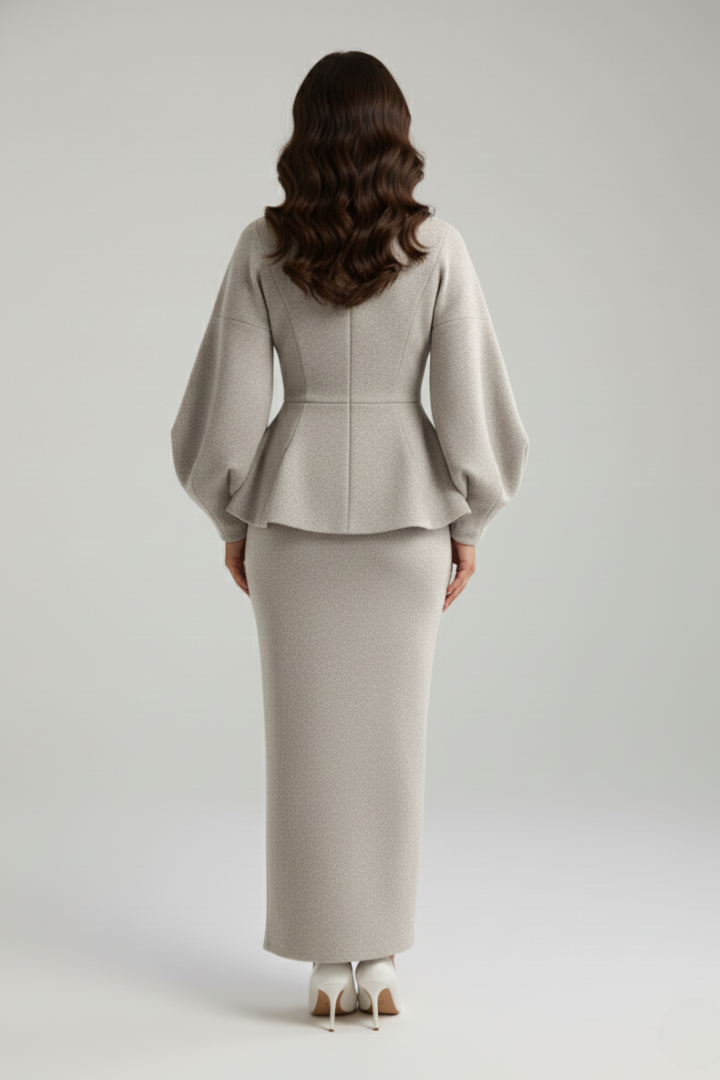 Chic women's V-neck blazer and pencil skirt two-piece set, highlighting elegant business attire.