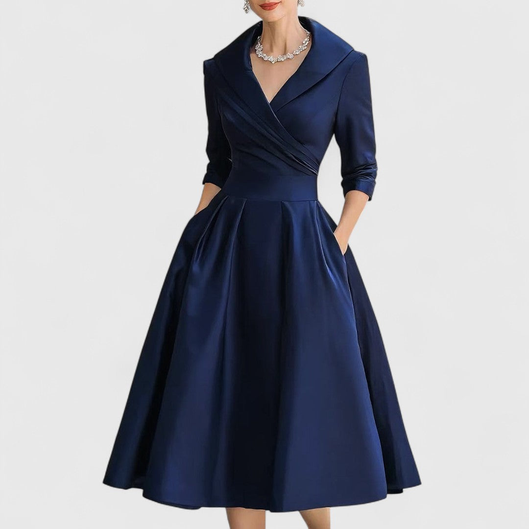Deep red casual midi dress for women, with a classic V-neck, 3/4 sleeves, and a comfortable flared skirt.