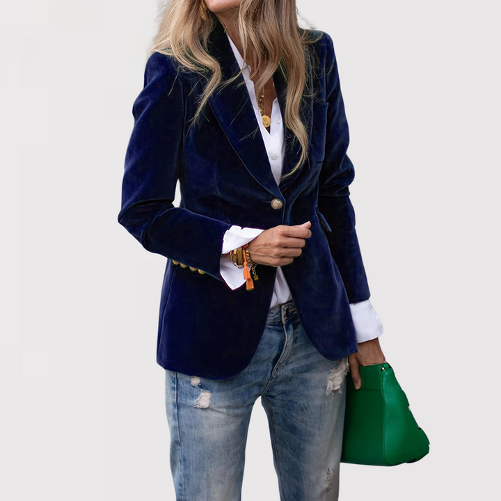 Luxurious women's velvet blazer, perfect for smart casual or formal events, side view.