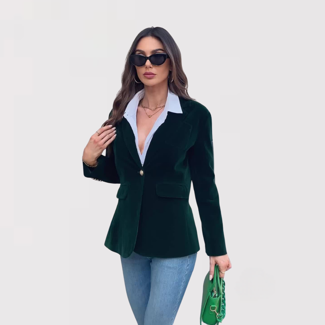 Women's elegant velvet blazer jacket in a rich color, suitable for luxury formal wear.