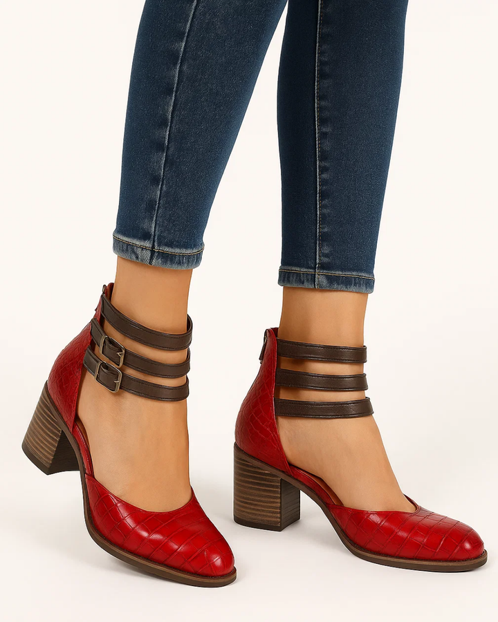 Elegant women's block heel pumps with stylish ankle straps, perfect for formal, office, and evening wear.