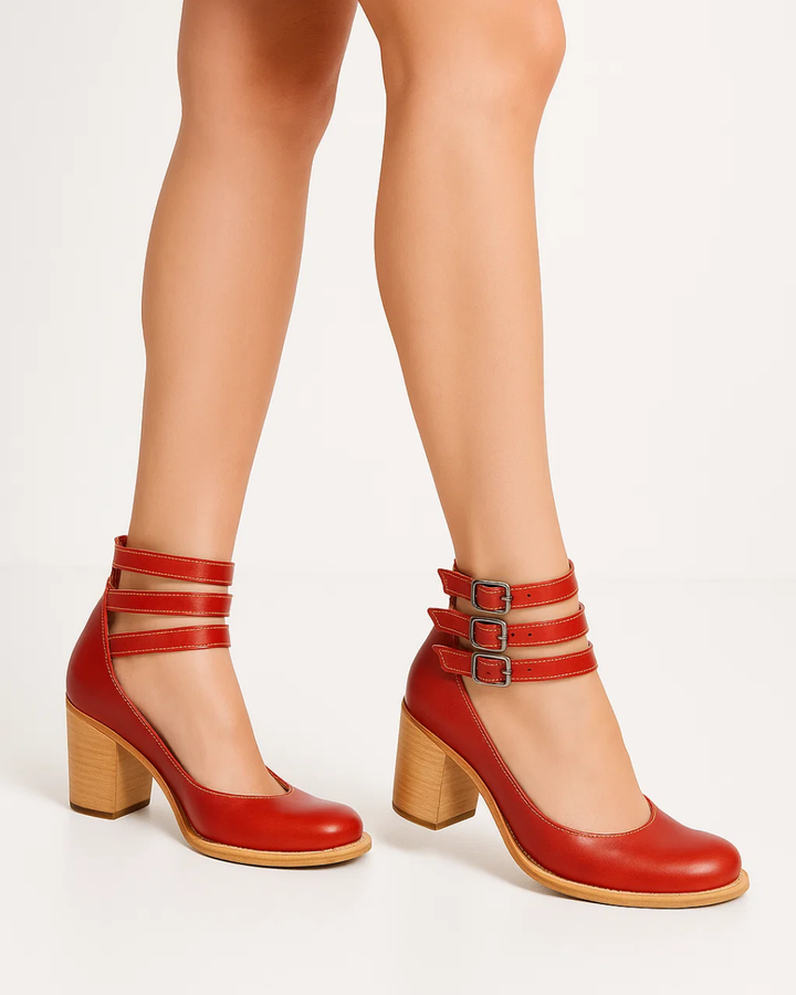Stylish women's pumps with block heels & elegant ankle straps, ideal dress shoes for formal events & office fashion.