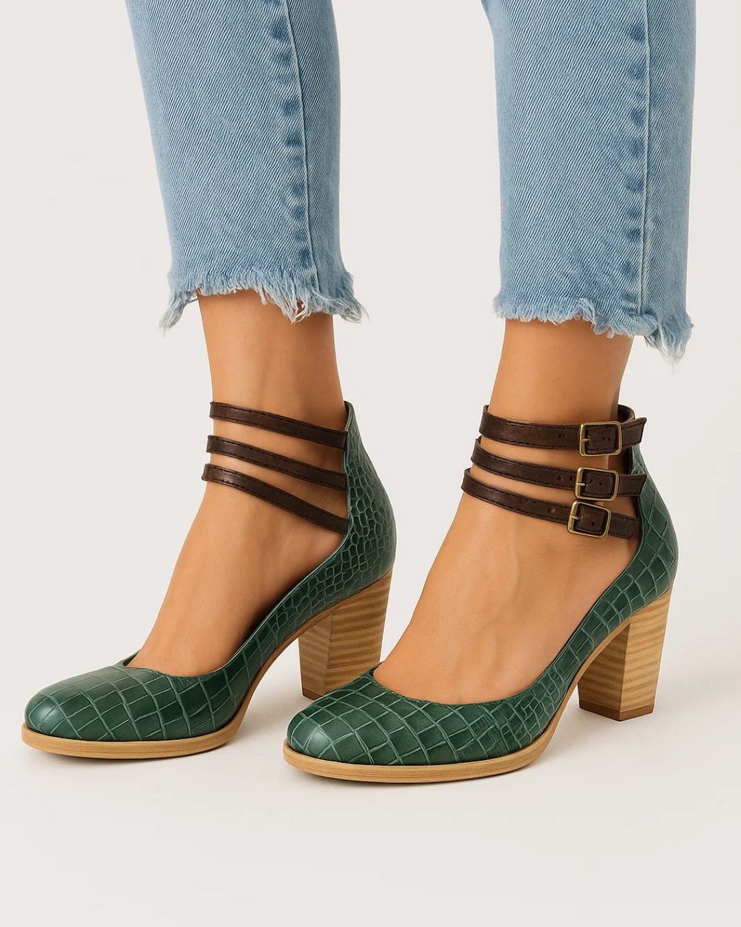 Fashion-forward women's block heel pumps with stylish ankle straps, offering comfort for all-day formal wear.