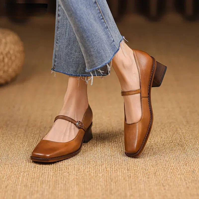 Elegant women's block heel shoes with delicate ankle strap, perfect for spring/summer casual wear and comfort.