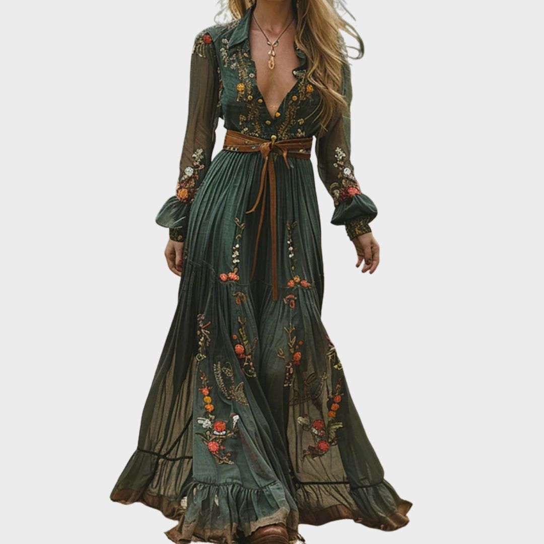 Elegant women's boho maxi dress with romantic floral embroidery, V-neck, and long sleeves