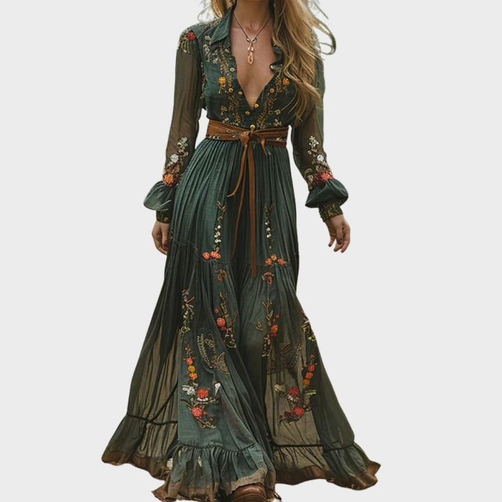 Elegant women's boho maxi dress with romantic floral embroidery, V-neck, and long sleeves