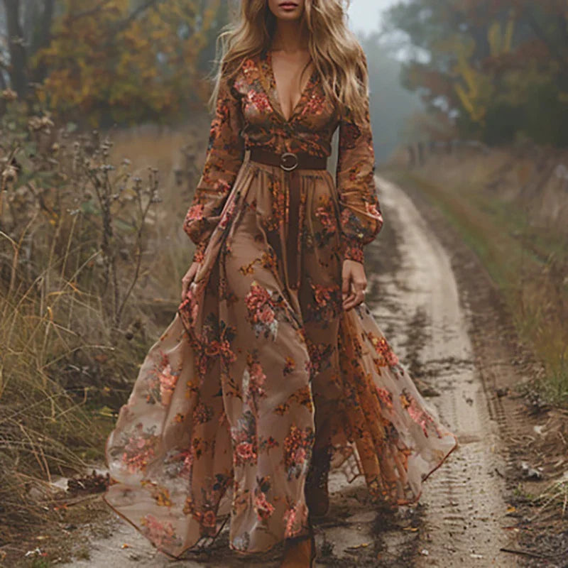Flowy white boho maxi dress for women featuring intricate floral embroidery and belted waist