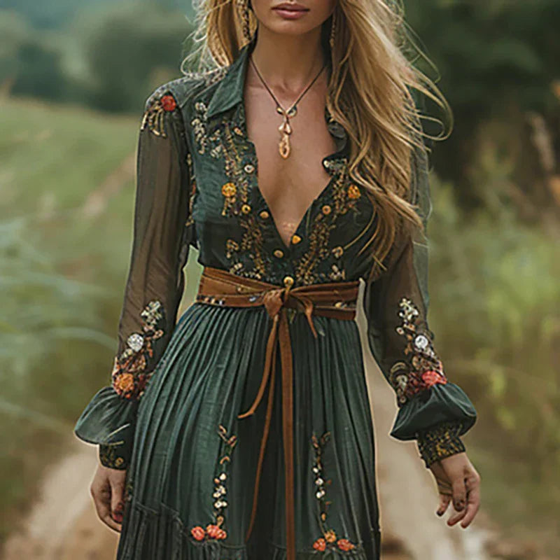 Close-up of floral embroidery on a women's romantic boho maxi dress, perfect for summer