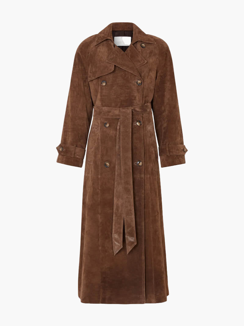 Elegant women's brown belted lapel trench coat, long and stylish outerwear, front view
