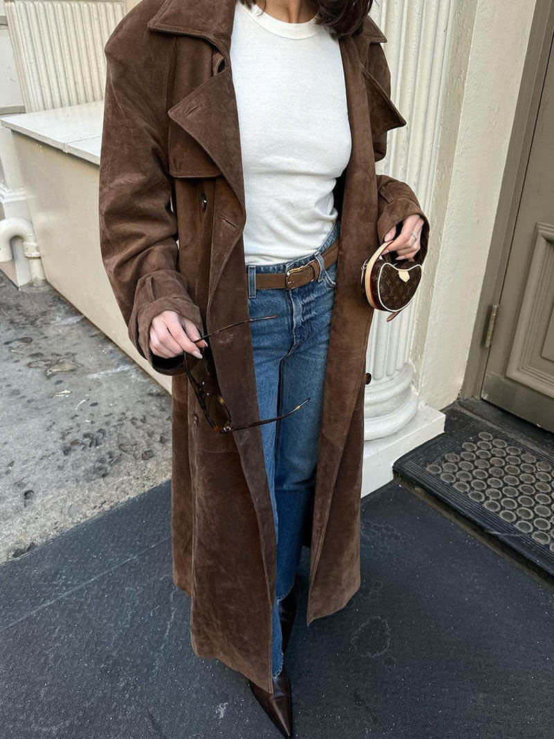 Stylish women's brown trench coat with a belted waist and classic lapel collar, fashion outerwear