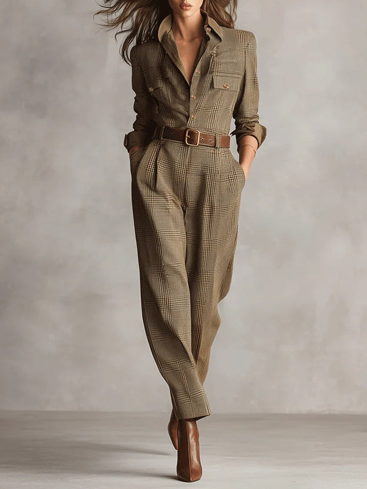 Elegant women's brown checked utility jumpsuit with belt, perfect for smart casual or versatile wear