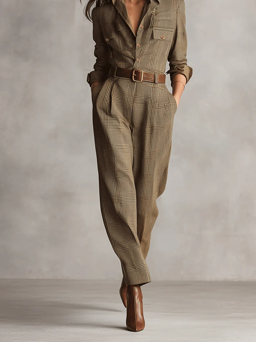 Versatile women's elegant checked jumpsuit in brown, ideal for smart casual occasions, showcasing its utility features