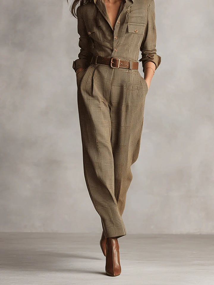 Versatile women's elegant checked jumpsuit in brown, ideal for smart casual occasions, showcasing its utility features