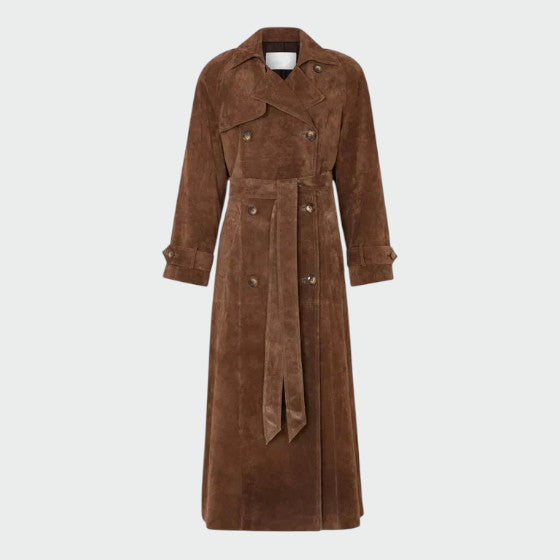 Women's versatile long trench coat in a rich brown color, ideal for outerwear.
