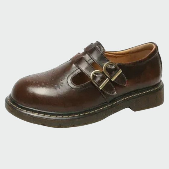 Elegant women's brown leather Mary Jane shoes with a comfortable block heel, perfect for classic style.