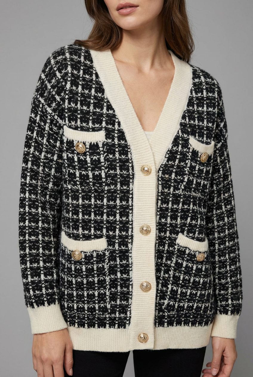 Elegant women's button cardigan with V-neck, perfect for chic layering & versatile autumn/winter fashion.
